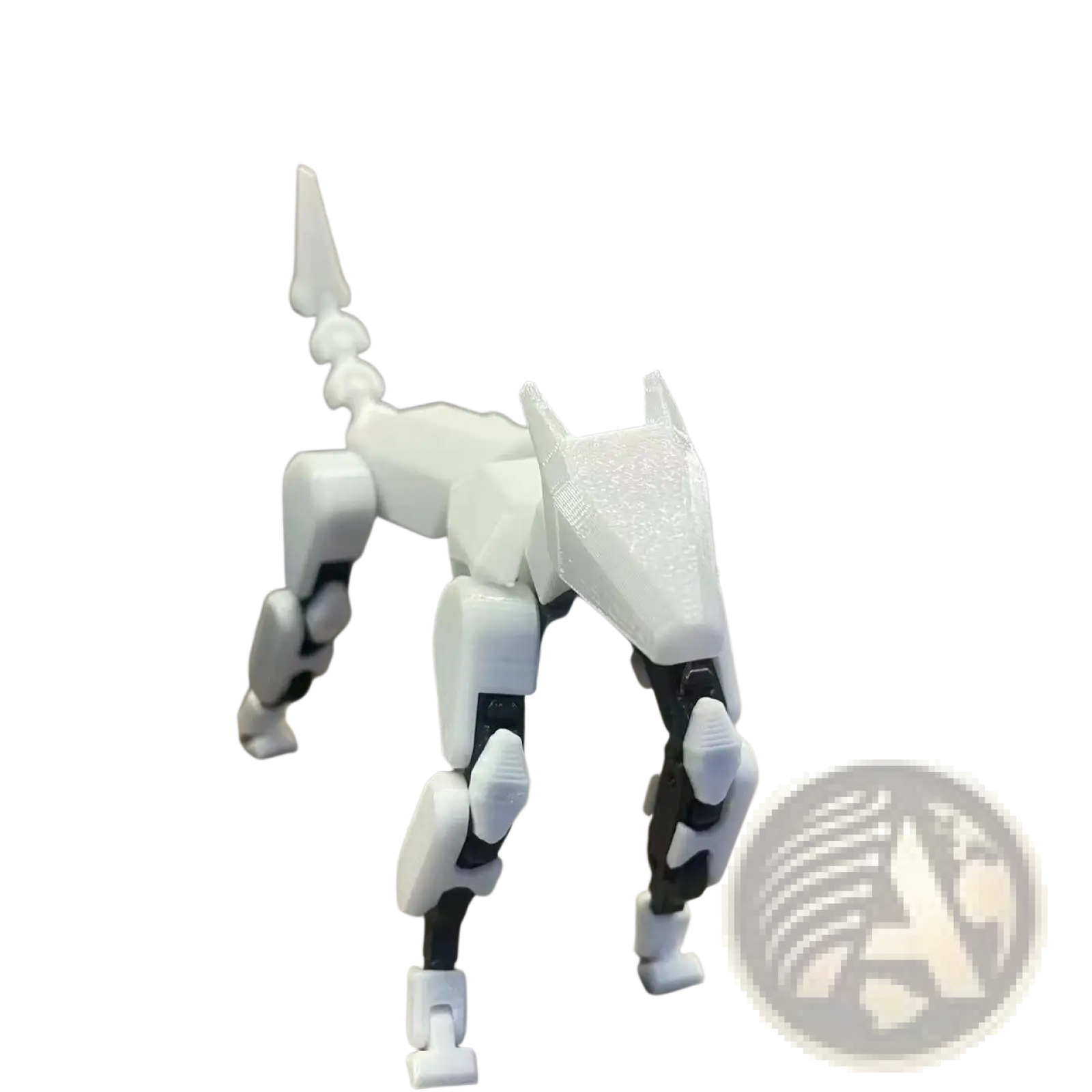 White and black 3d printed multi jointed robotic dog action figure with angular segmented limbs toy 13