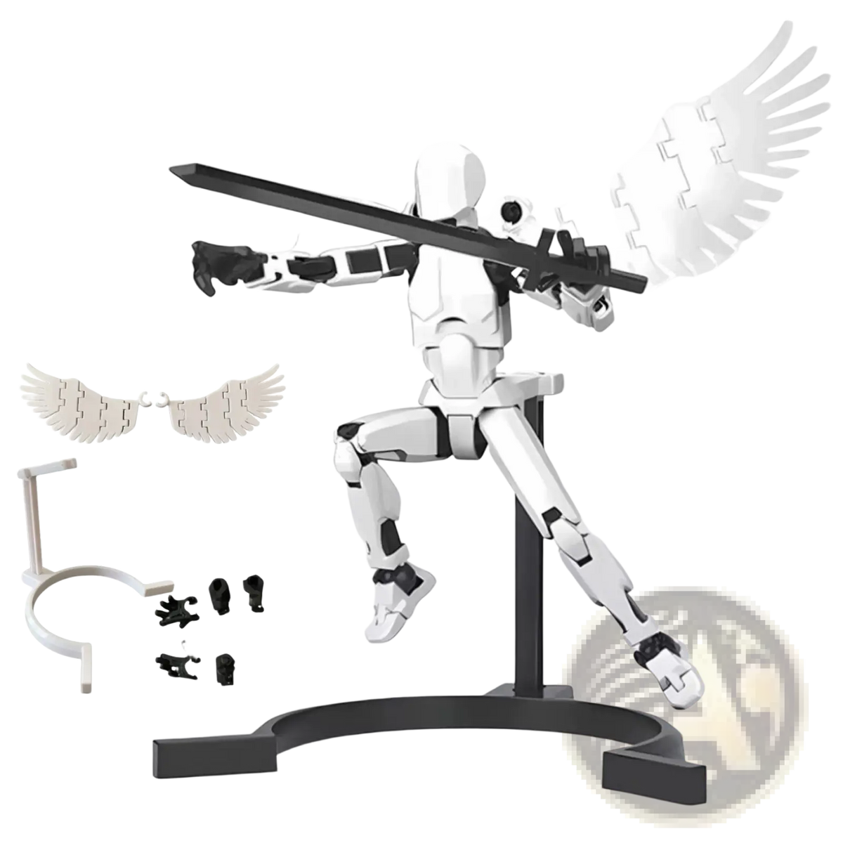 White 3d printed multi jointed action figure dummy toy 13 with black accents and upgraded dual wings holding a sword