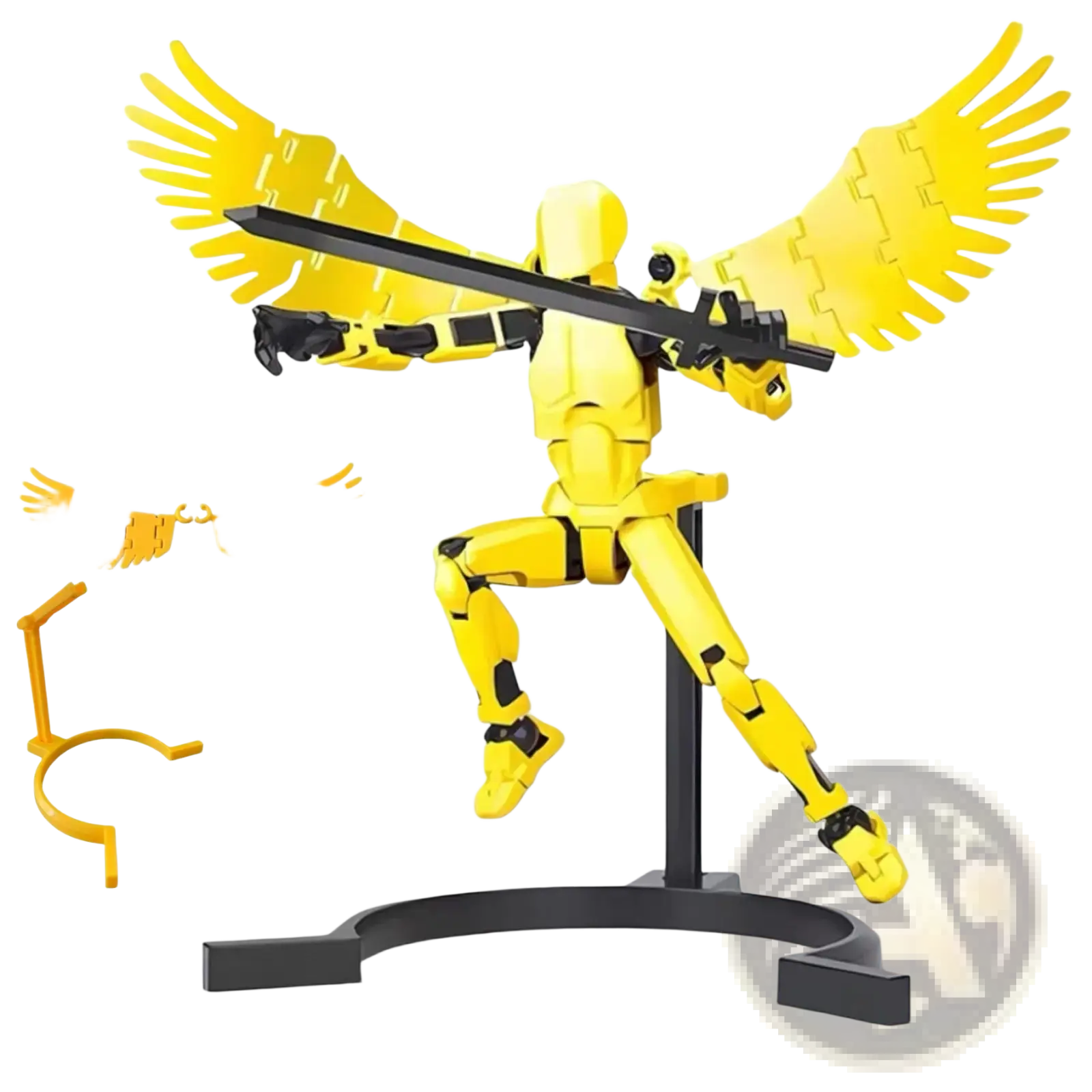 Yellow 3d printed multi jointed action figure dummy toy 13 with upgraded dual wings and black sword