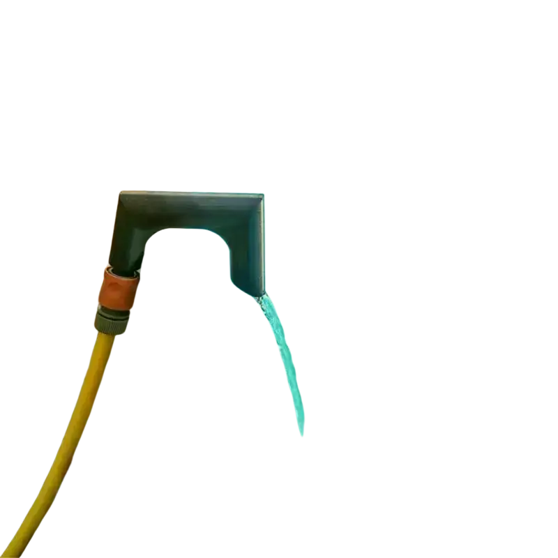 Black plastic pool drain hose adapter with orange connector attached to yellow garden hose made of printed pla polylactic acid material