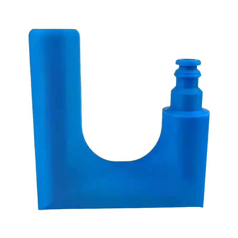 Blue silicone u-shaped bottle holder with threaded cap for 3d printed pla garden hose water nozzle ensuring smooth water flow