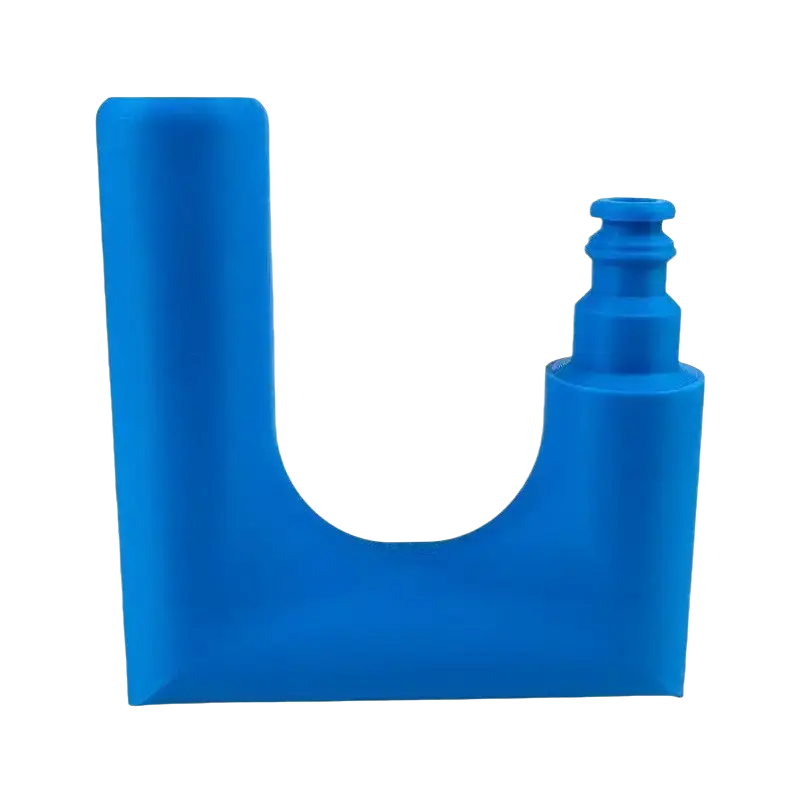 Bright blue silicone u-shaped pipe connector with threaded end for 3d printed pla garden hose water flow control