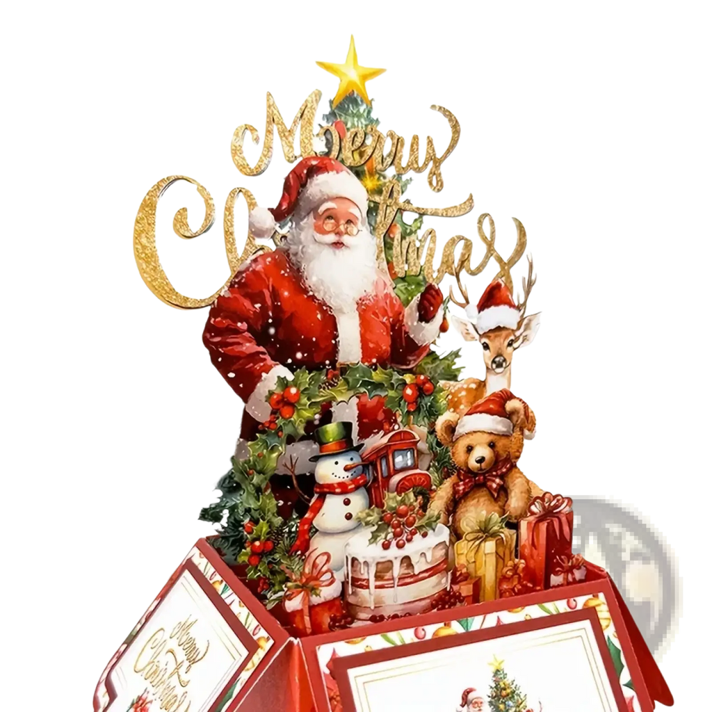 A festive red and gold 3d santa claus christmas pop up greeting card with holiday decorations including reindeer and presents