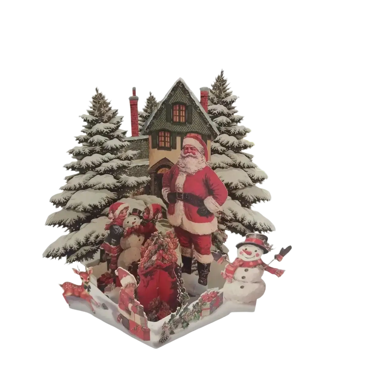A festive christmas-themed 3d santa claus pop up greeting card with snowmen and pine trees in a snowy village scene