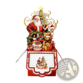 Red 3d Santa Claus Christmas pop up greeting card featuring Santa, a reindeer, and teddy bear with festive decorations