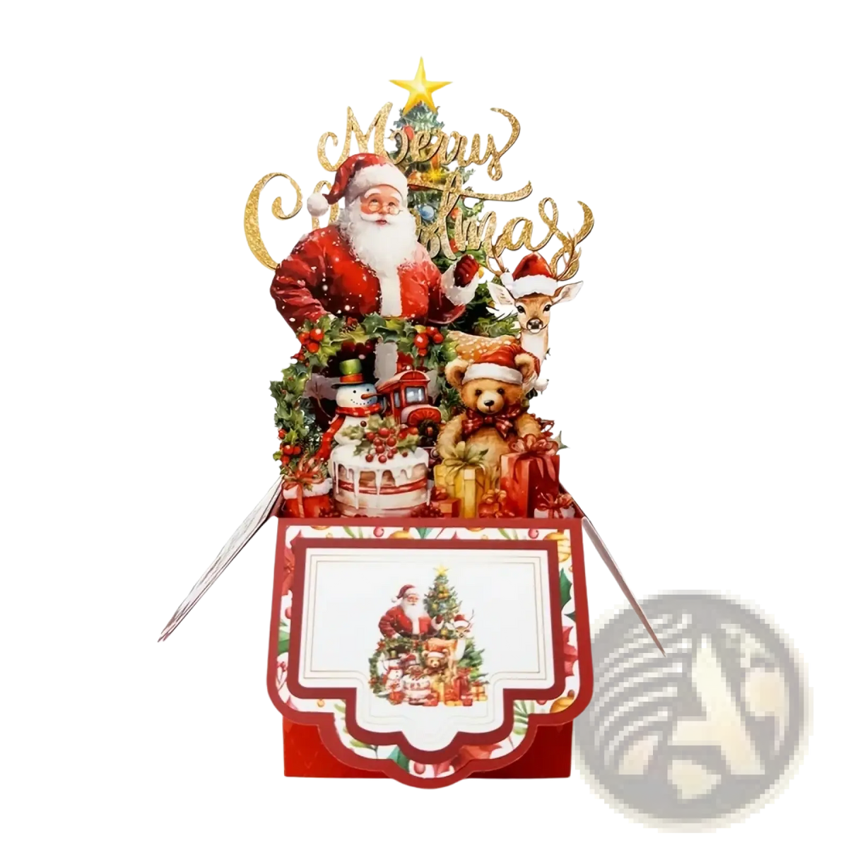 Red 3d Santa Claus Christmas pop up greeting card featuring Santa, a reindeer, and teddy bear with festive decorations