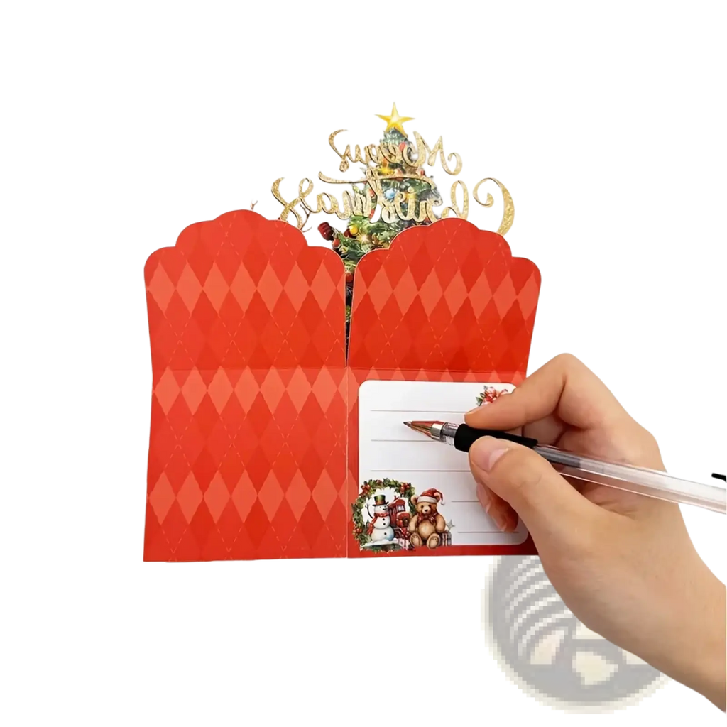 Red diamond patterned christmas-themed notepad with festive illustrations and gold decorative tree topper for santa claus pop up card