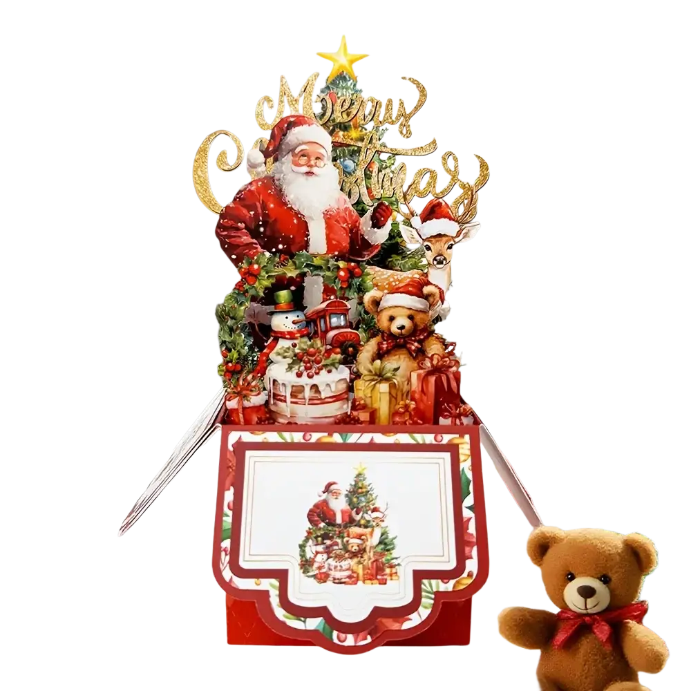 Red and gold christmas-themed 3d santa claus pop up greeting card with festive figures and holiday decorations