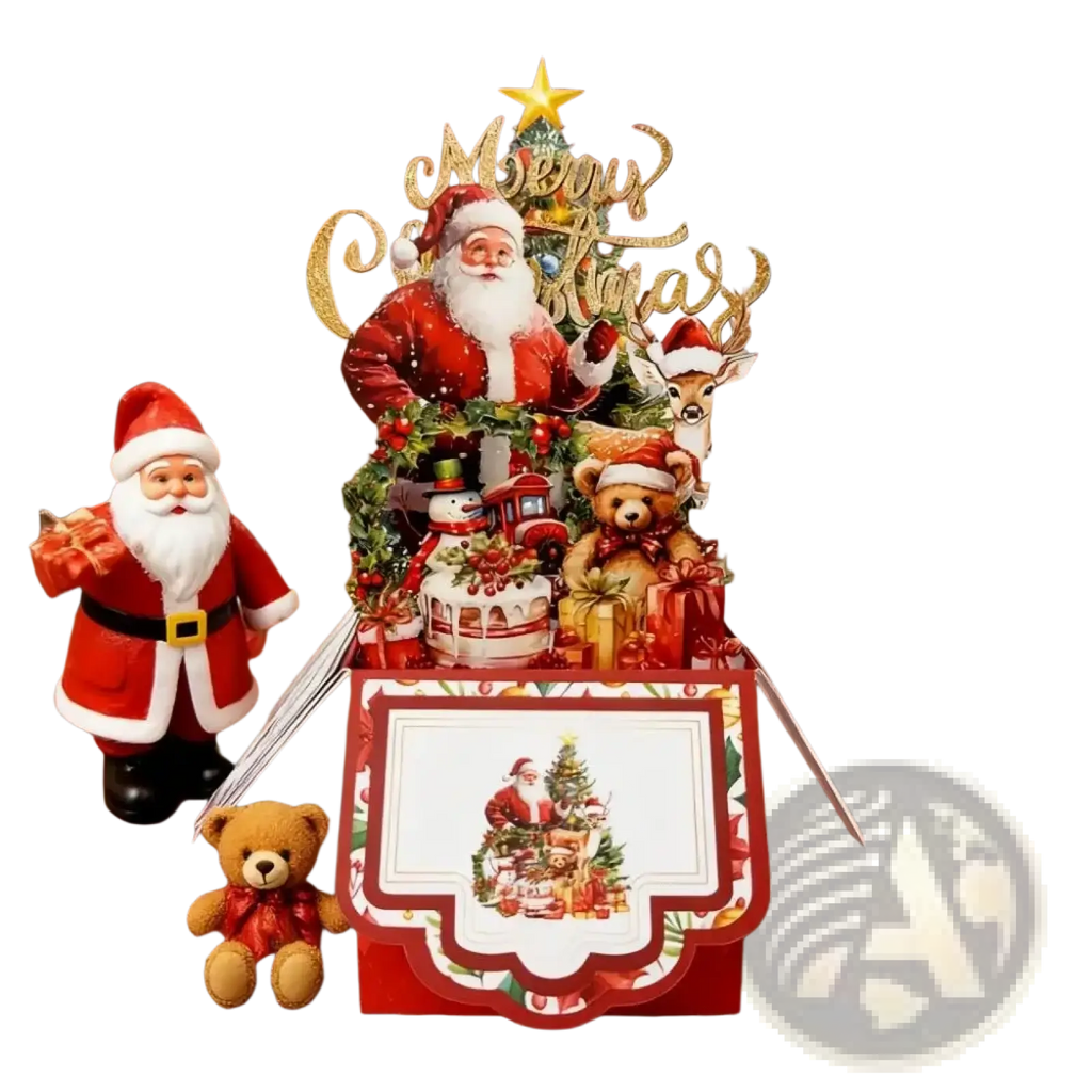 Red and gold 3d santa claus christmas pop up greeting card featuring santa, deer, teddy bear, and festive decorations