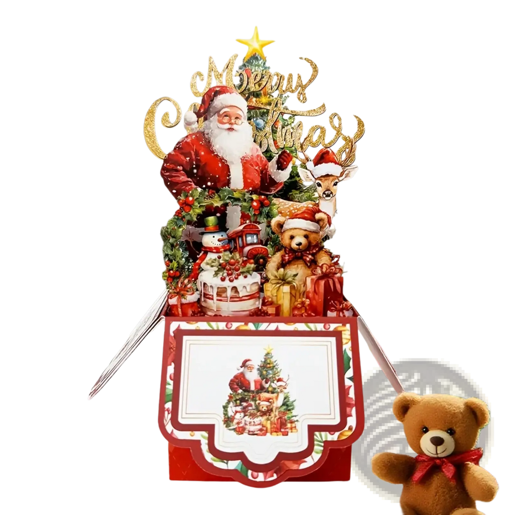 Red and gold christmas-themed 3d santa claus pop up greeting card with festive figures and holiday decorations