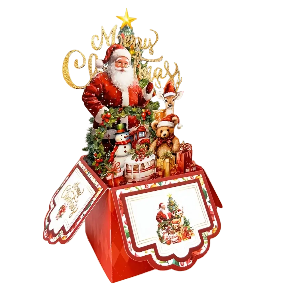 Red 3d Santa Claus Christmas pop up greeting card featuring festive decorations like reindeer snowman teddy bear and train