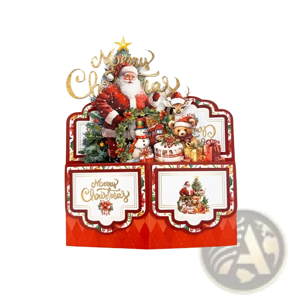 Red 3d santa claus christmas pop up greeting card featuring santa reindeer snowman and gold foil lettering