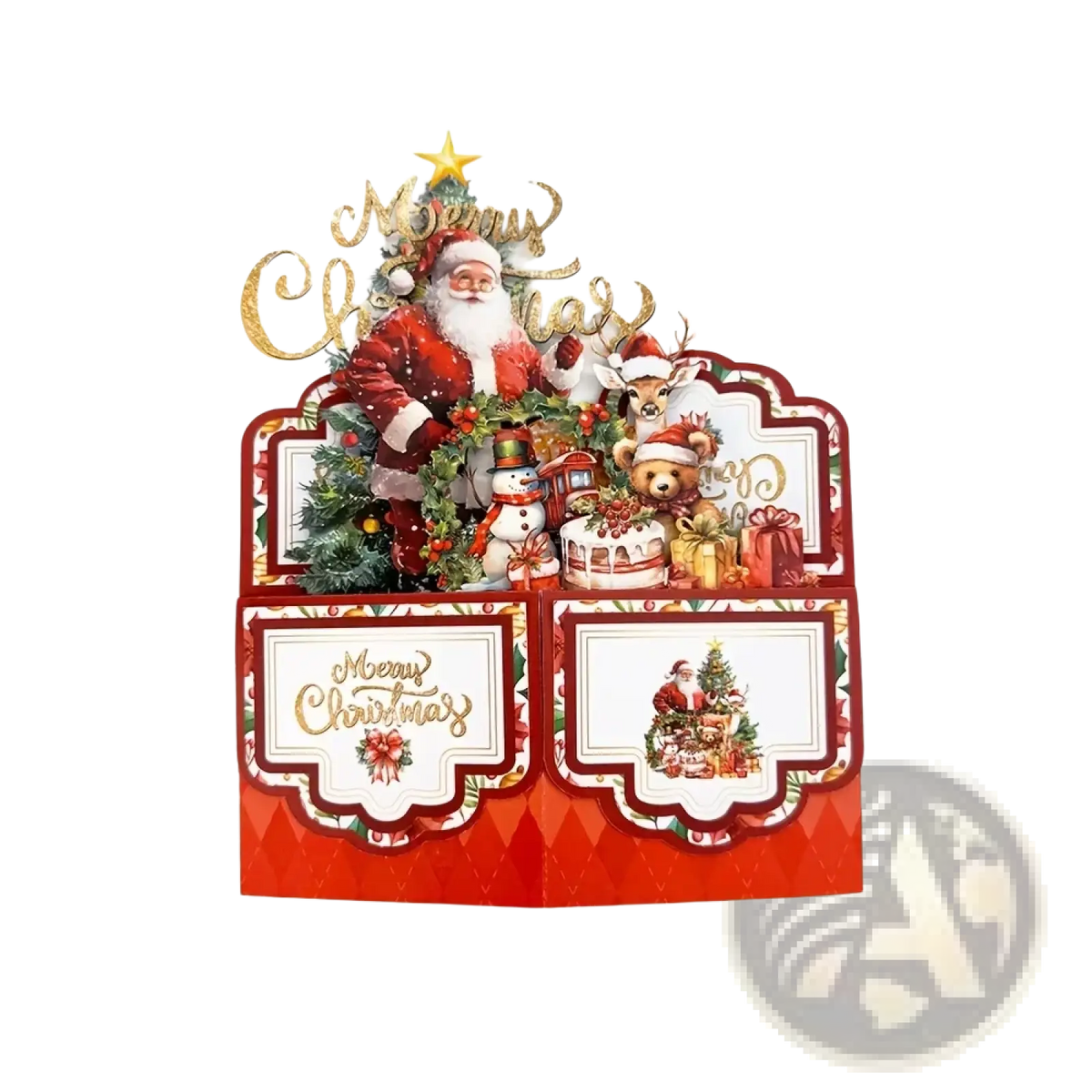 Red 3d santa claus christmas pop up greeting card featuring santa reindeer snowman and gold foil lettering