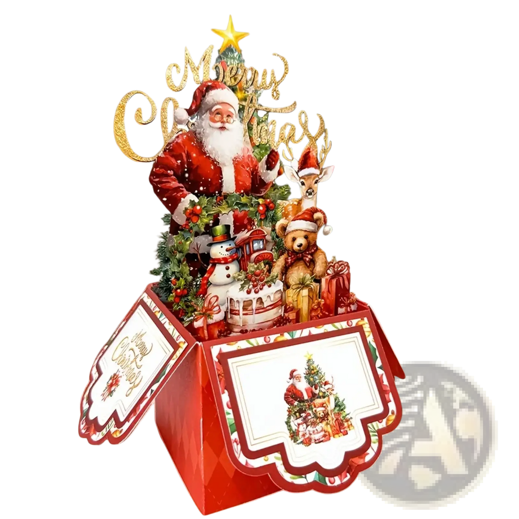 Red 3d Santa Claus Christmas pop up greeting card featuring festive decorations like reindeer snowman teddy bear and train