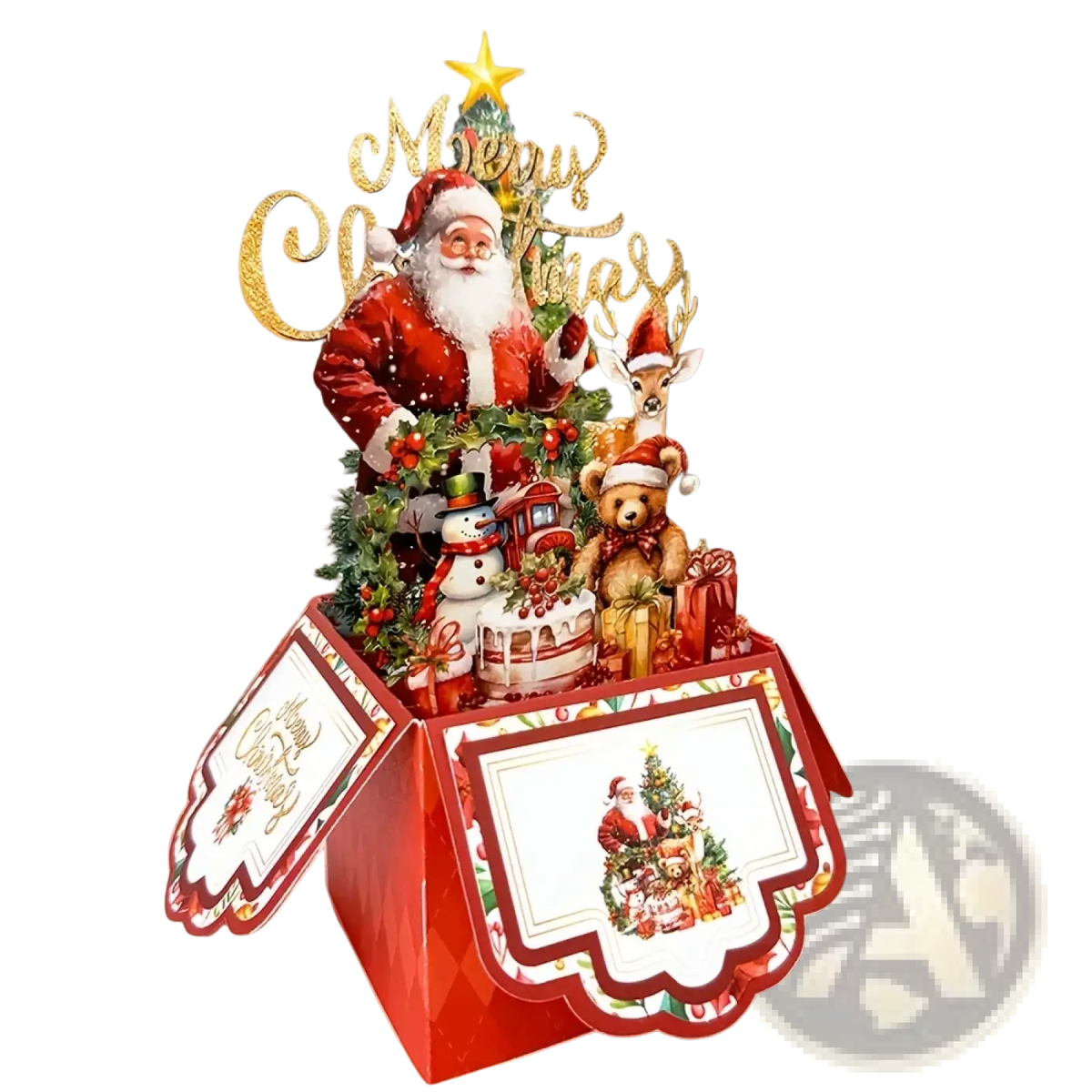 Red 3d Santa Claus Christmas pop up greeting card featuring festive decorations like reindeer snowman teddy bear and train