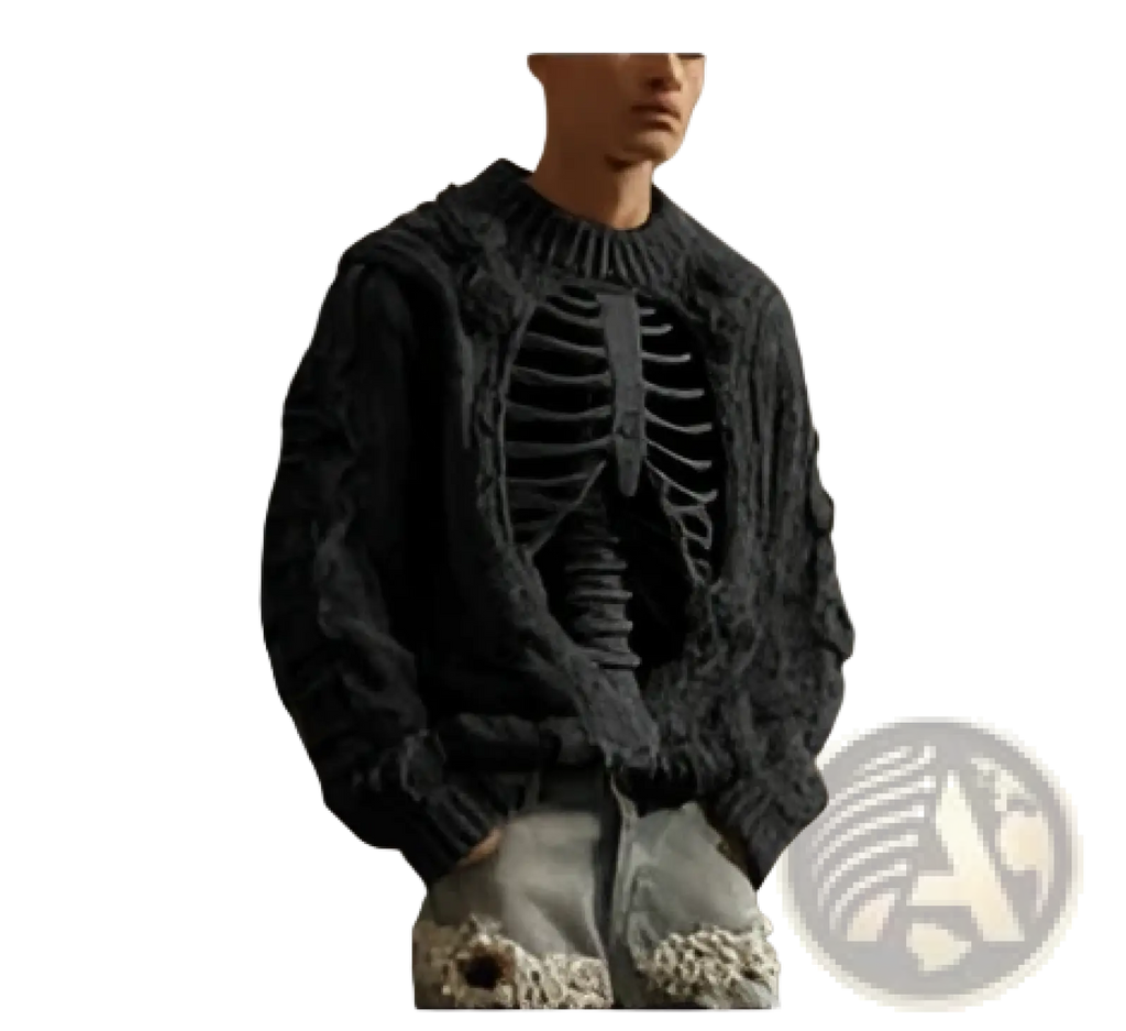 Black knitted 3d skeleton knit sweater featuring a ribbed design casual pullover in a comfortable fit