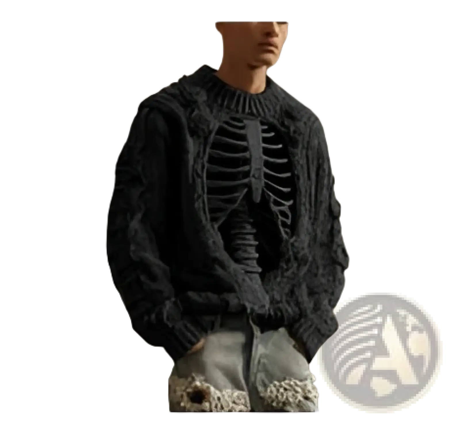 Black knitted 3d skeleton knit sweater featuring a ribbed design casual pullover in a comfortable fit