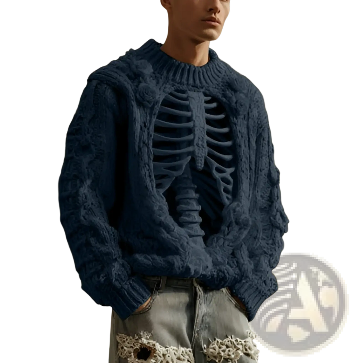 A navy blue knitted 3d skeleton knit sweater with a detailed ribcage design for casual wear