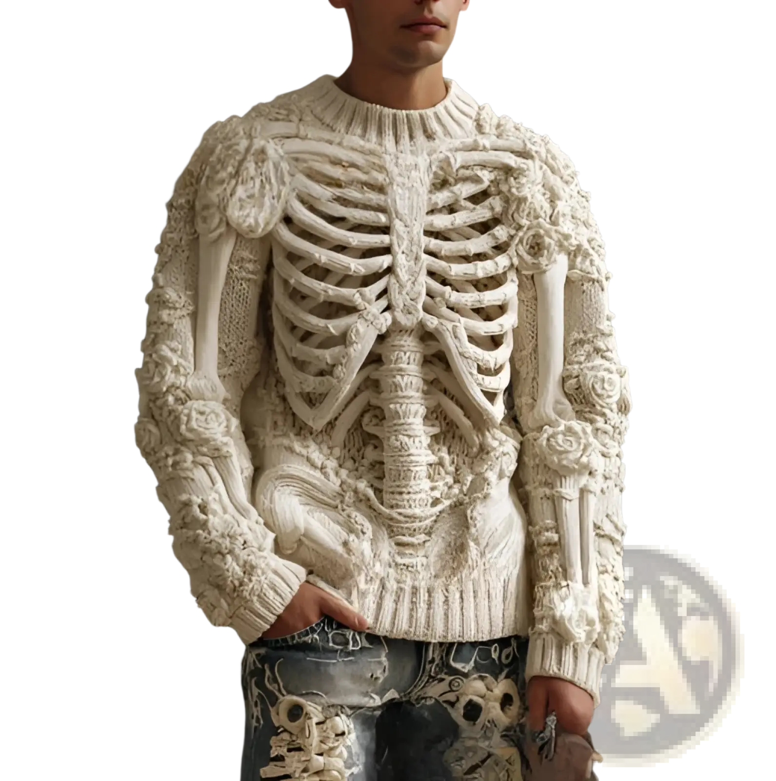 A cream-colored intricately knitted 3d skeleton knit sweater with textured ribs and bones for casual wear