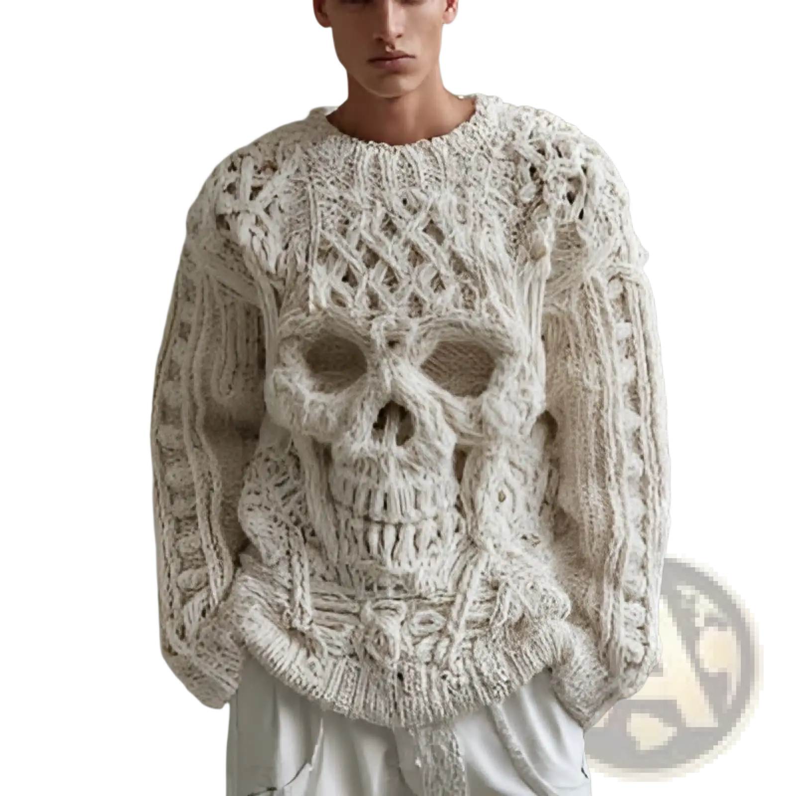 A cream-colored intricately knitted 3d skeleton knit sweater with a prominent skull design on the chest