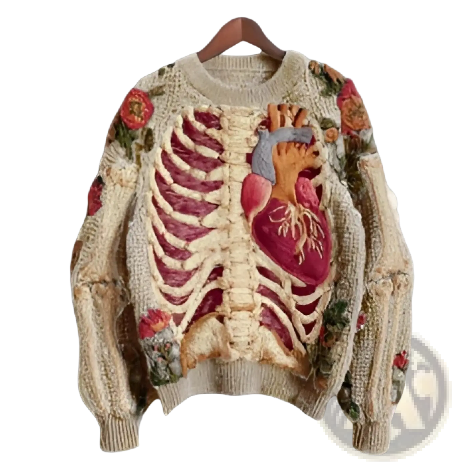 Cream-colored knitted 3d skeleton knit sweater with embroidered ribs heart and floral motifs casual pullover