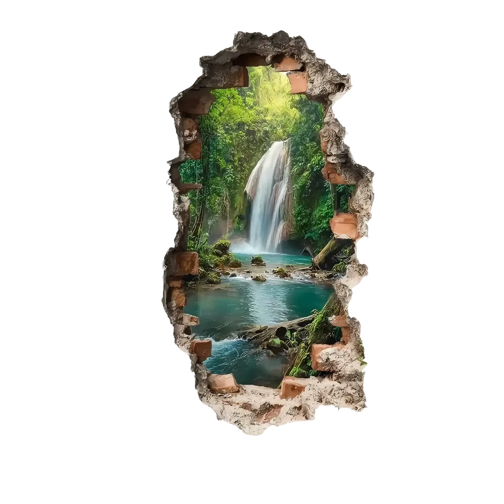 3d waterfall wall sticker depicting a lush green jungle with turquoise pool framed by textured faux brick rubble