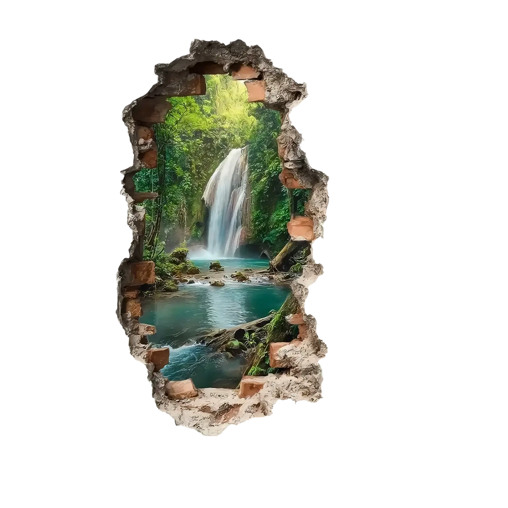 A 3d waterfall wall sticker jungle decal featuring vibrant turquoise water and lush greenery framed by textured broken bricks