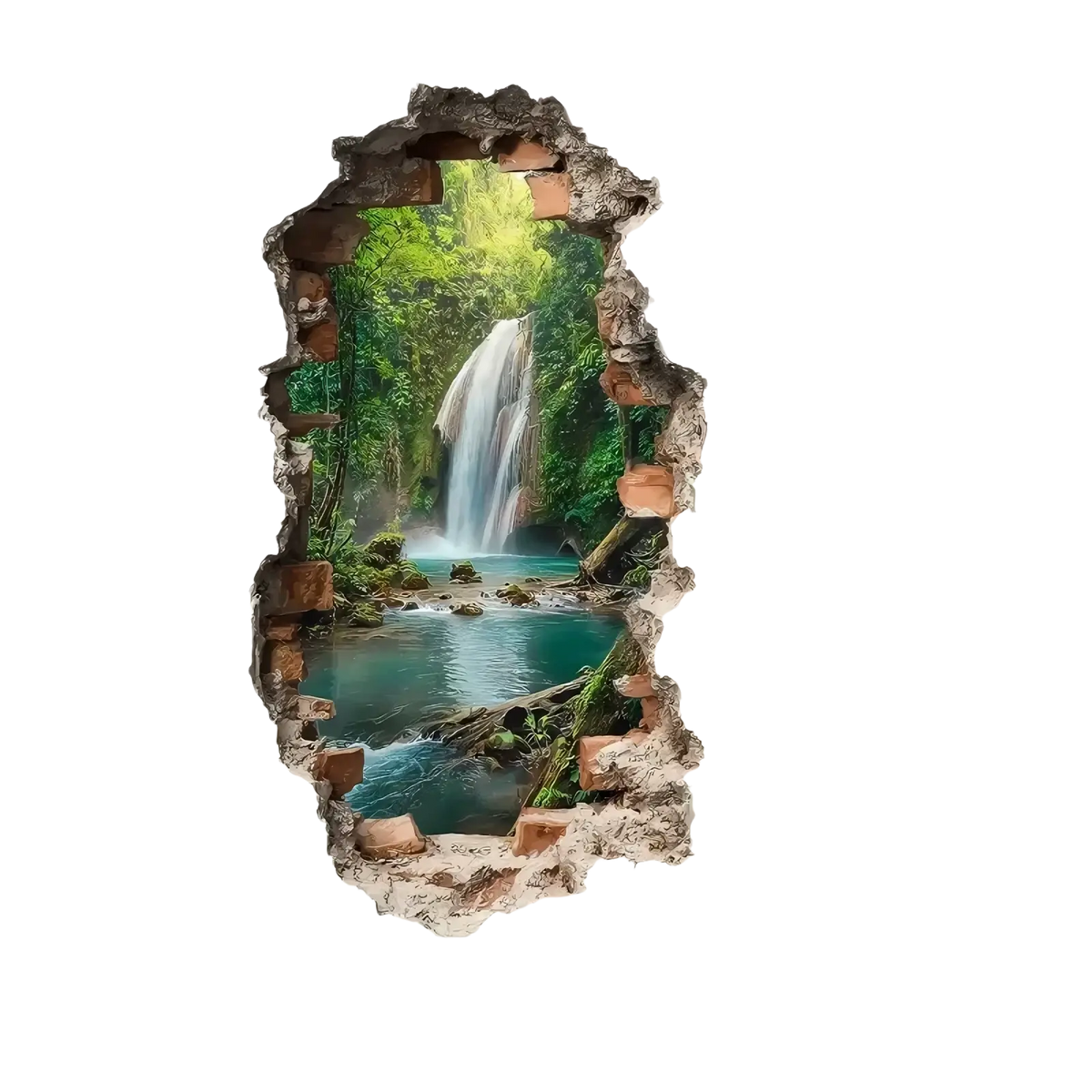 A 3d waterfall wall sticker jungle decal featuring vibrant turquoise water and lush greenery framed by textured broken bricks