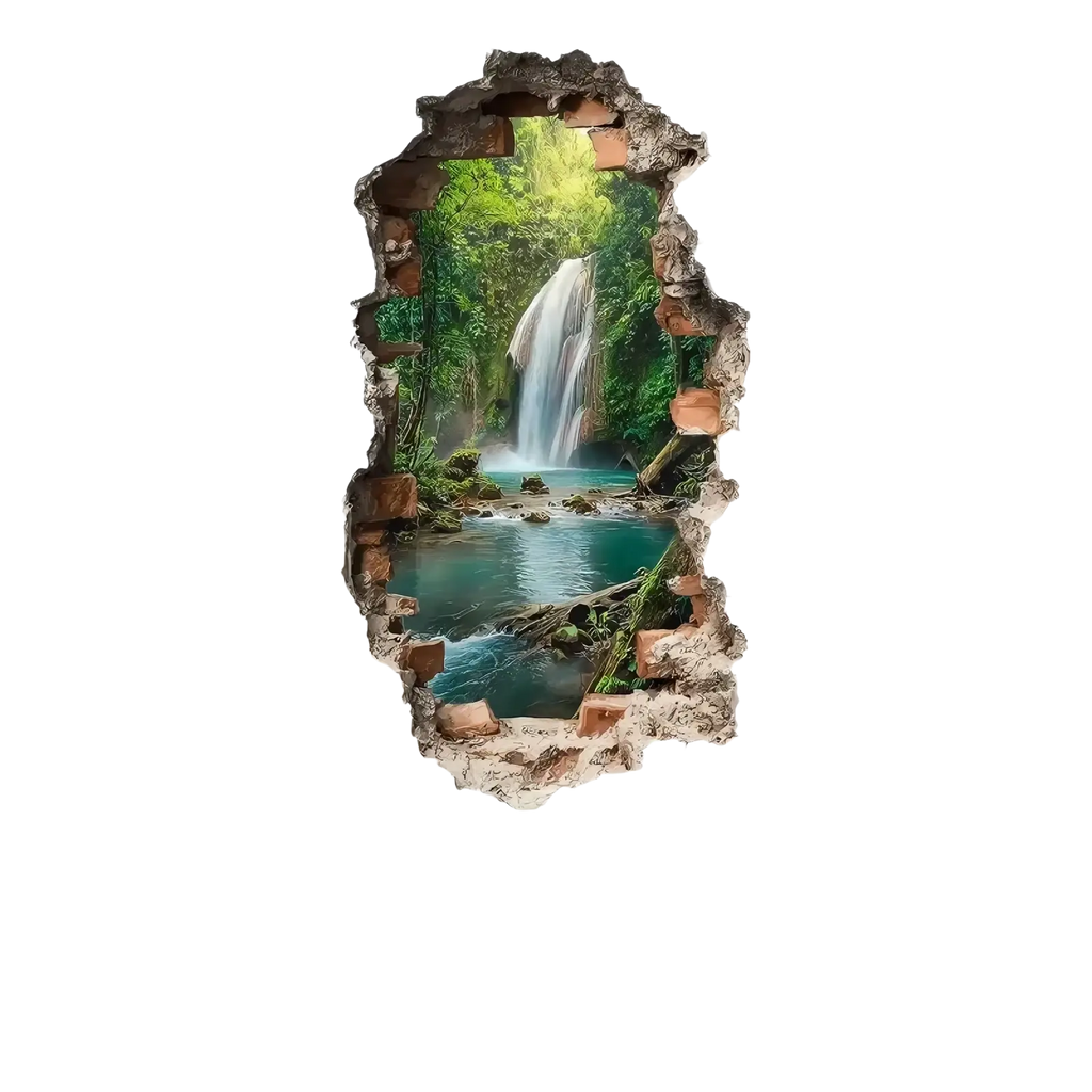 3d waterfall wall sticker featuring a jungle scene framed by textured broken brick edges for home decor