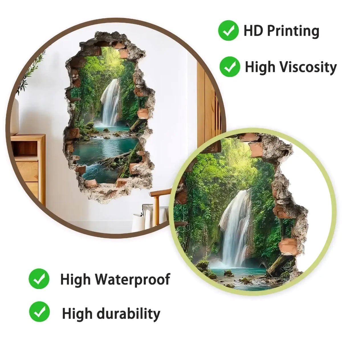 3d waterfall wall sticker featuring a realistic waterfall and lush greenery framed by textured stone-like edges