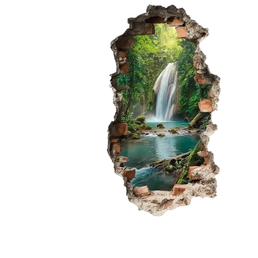 3d waterfall wall sticker featuring a lush green jungle scene framed by textured broken concrete edges