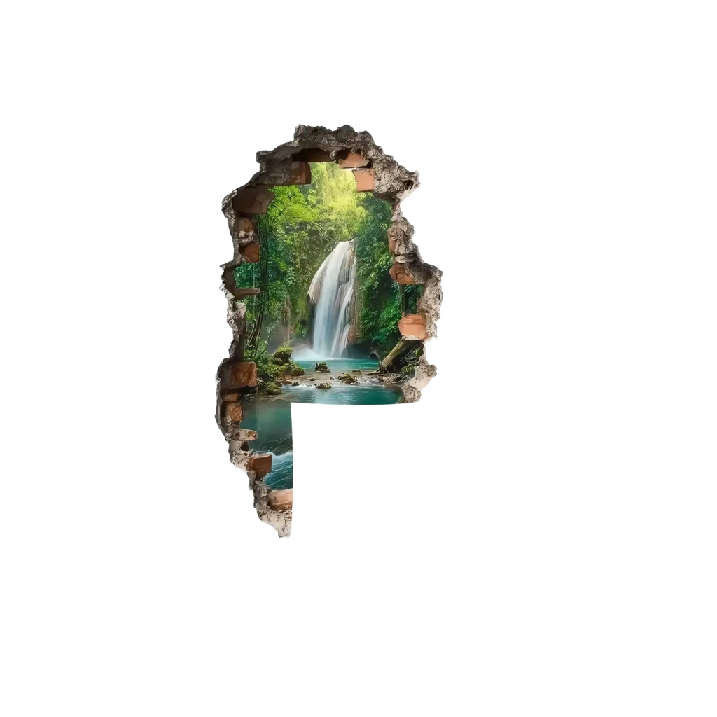 3d waterfall wall sticker featuring a realistic turquoise water scene with lush greenery and textured rock edges