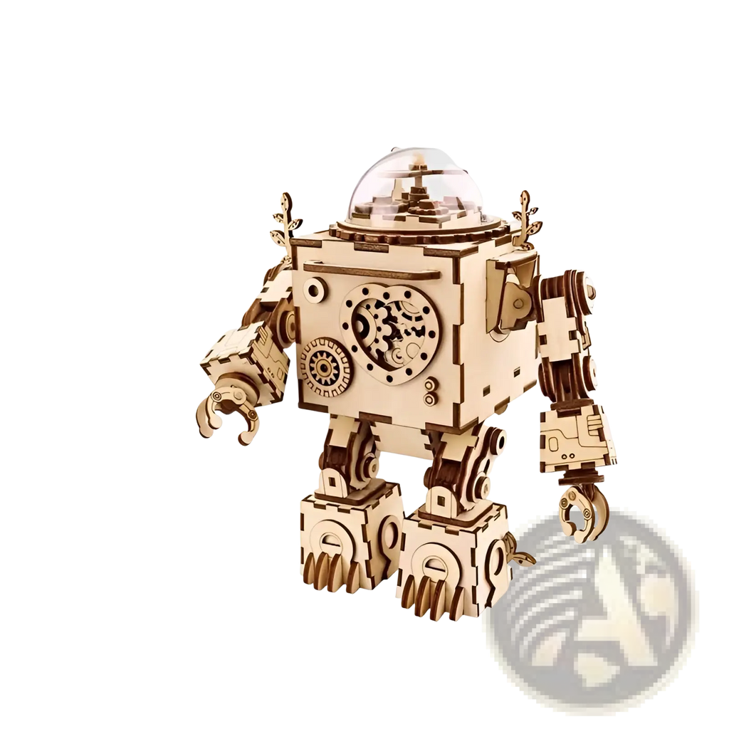 A steampunk style 3d wooden puzzle diy mechanical model building kit featuring a light wood robot with gearwork and dome head