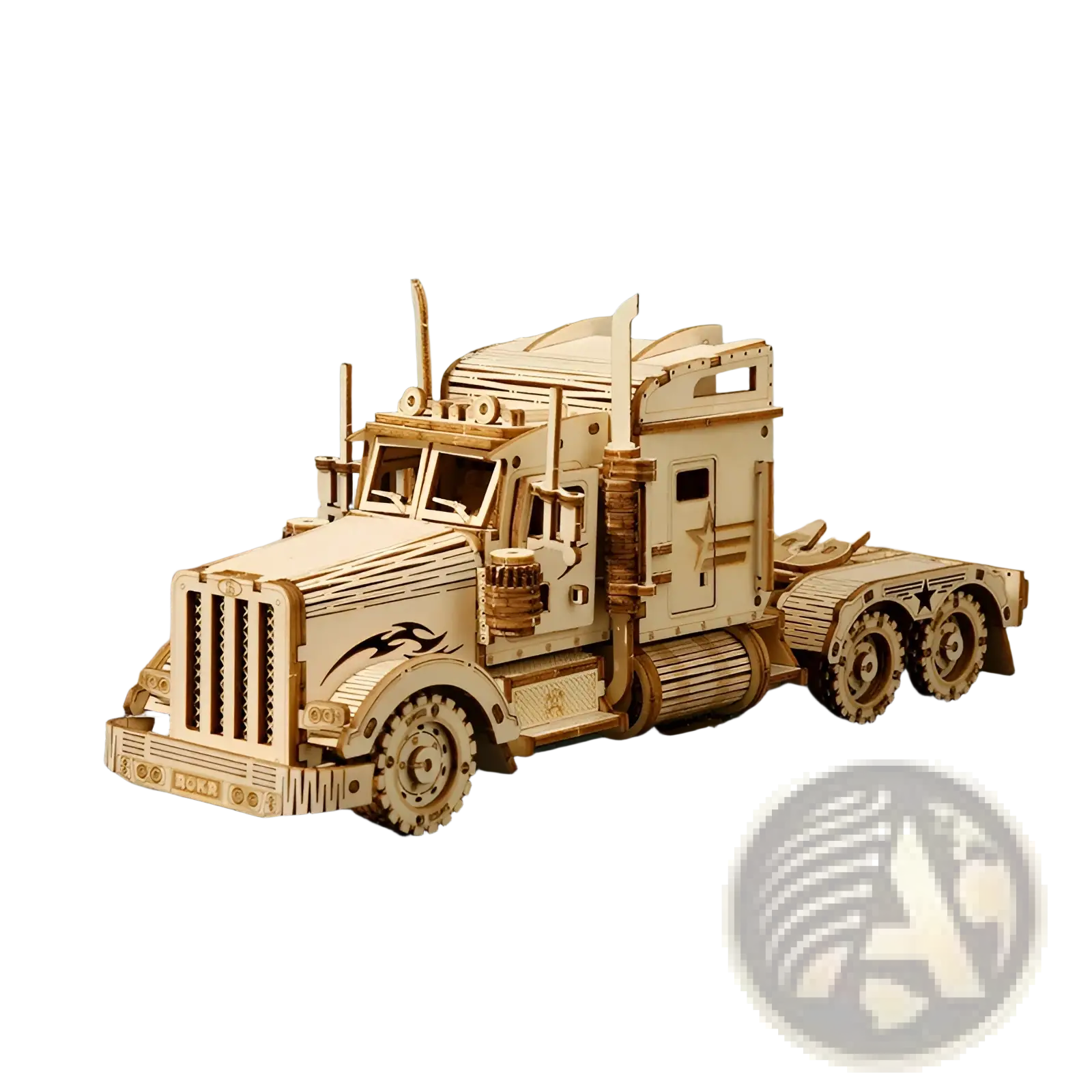 A detailed 3d wooden puzzle diy mechanical model of a classic semi-truck with natural wood tones and flame decals