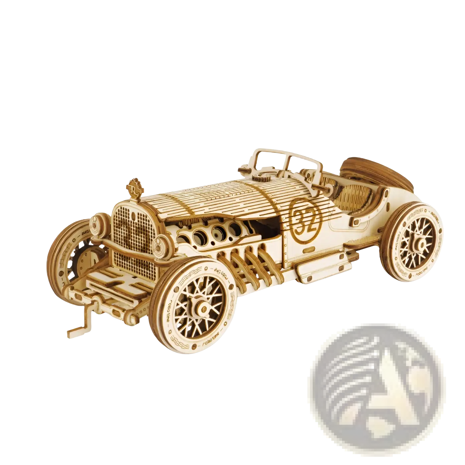 A 3d wooden puzzle diy mechanical model of a vintage racing car with intricate detailing and natural wood tones