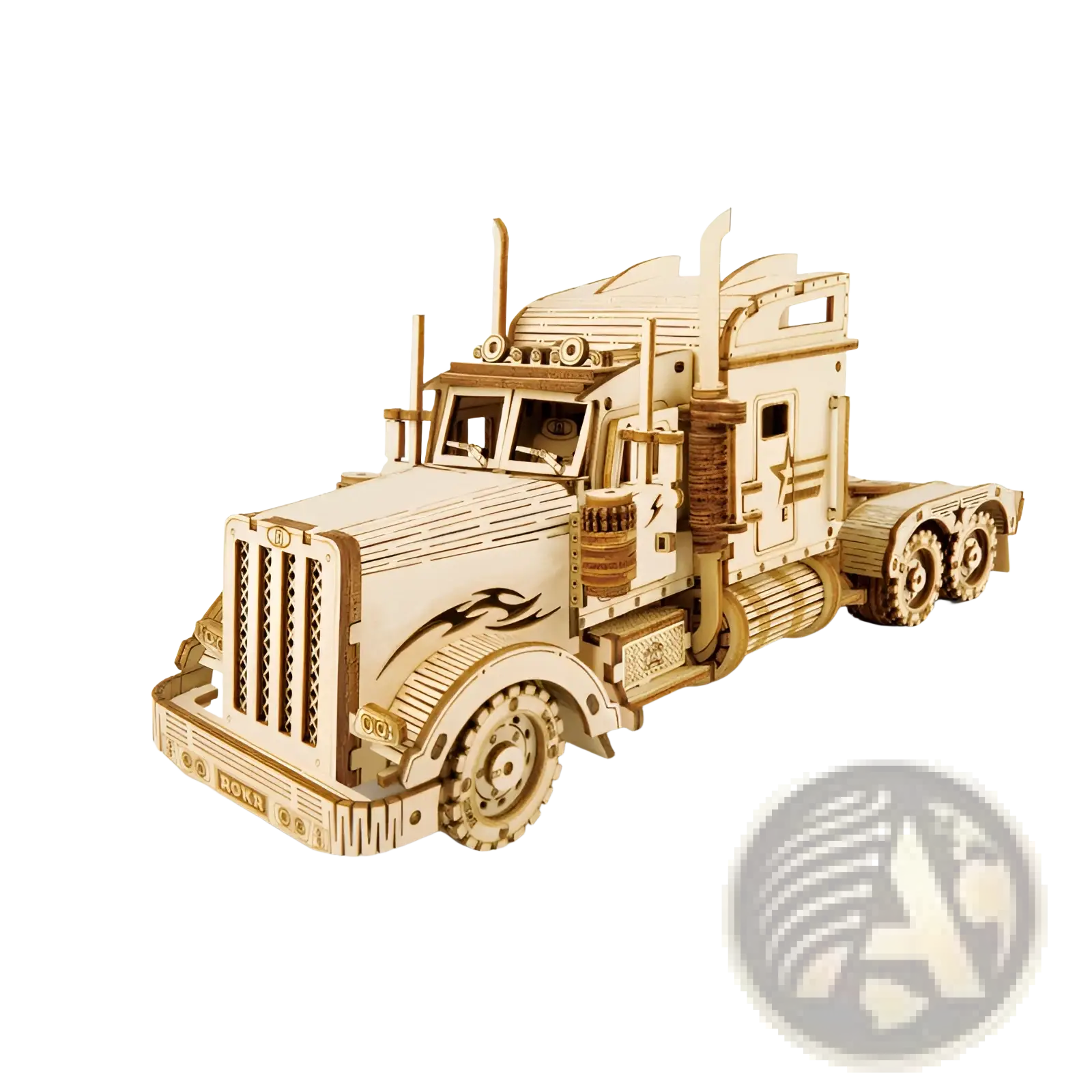 A detailed light wood-finish 3d wooden puzzle diy mechanical model of a classic semi-truck with laser-cut panels and flame decals