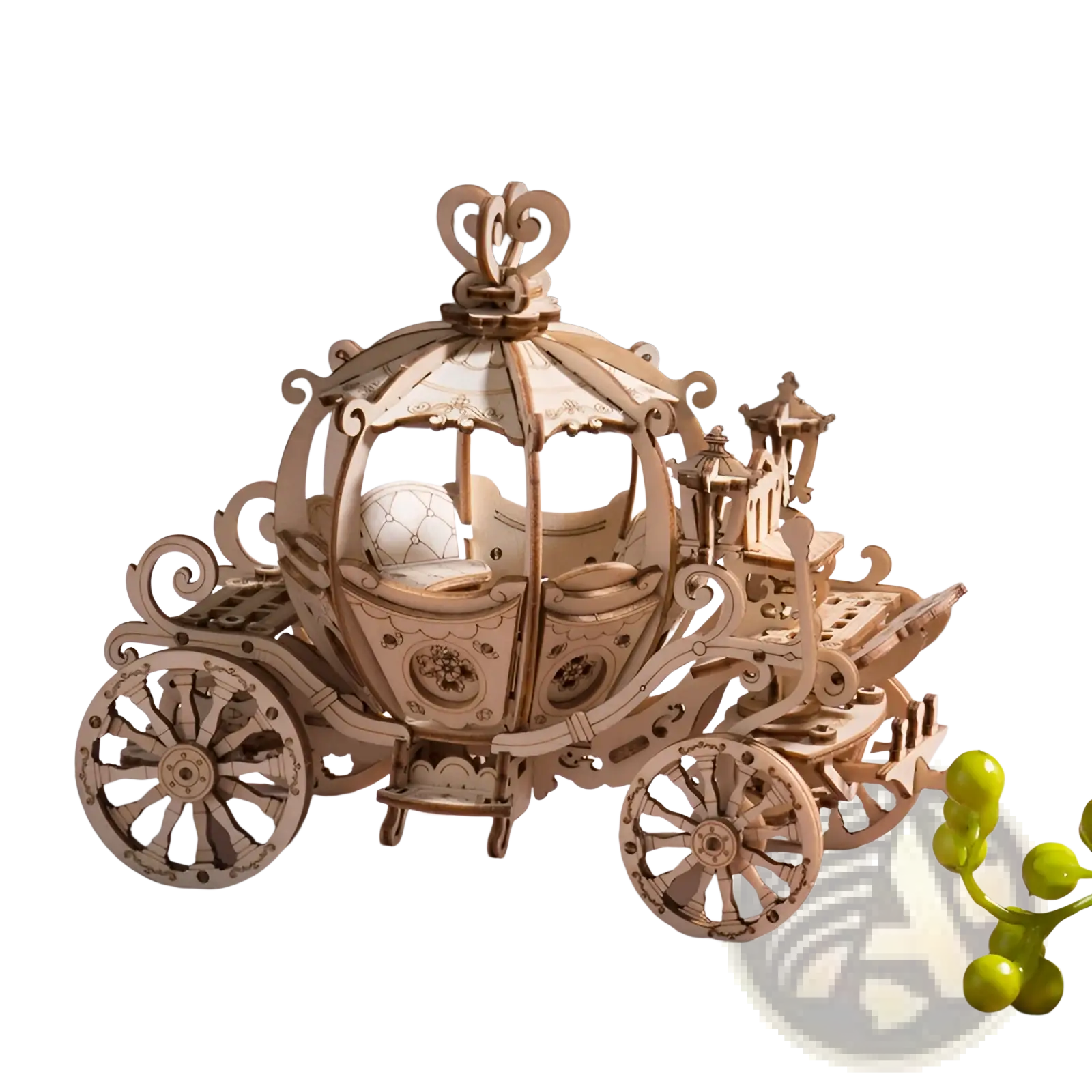 A delicately crafted light wood 3d wooden puzzle diy mechanical model fairy tale carriage with intricate scrollwork and wheels