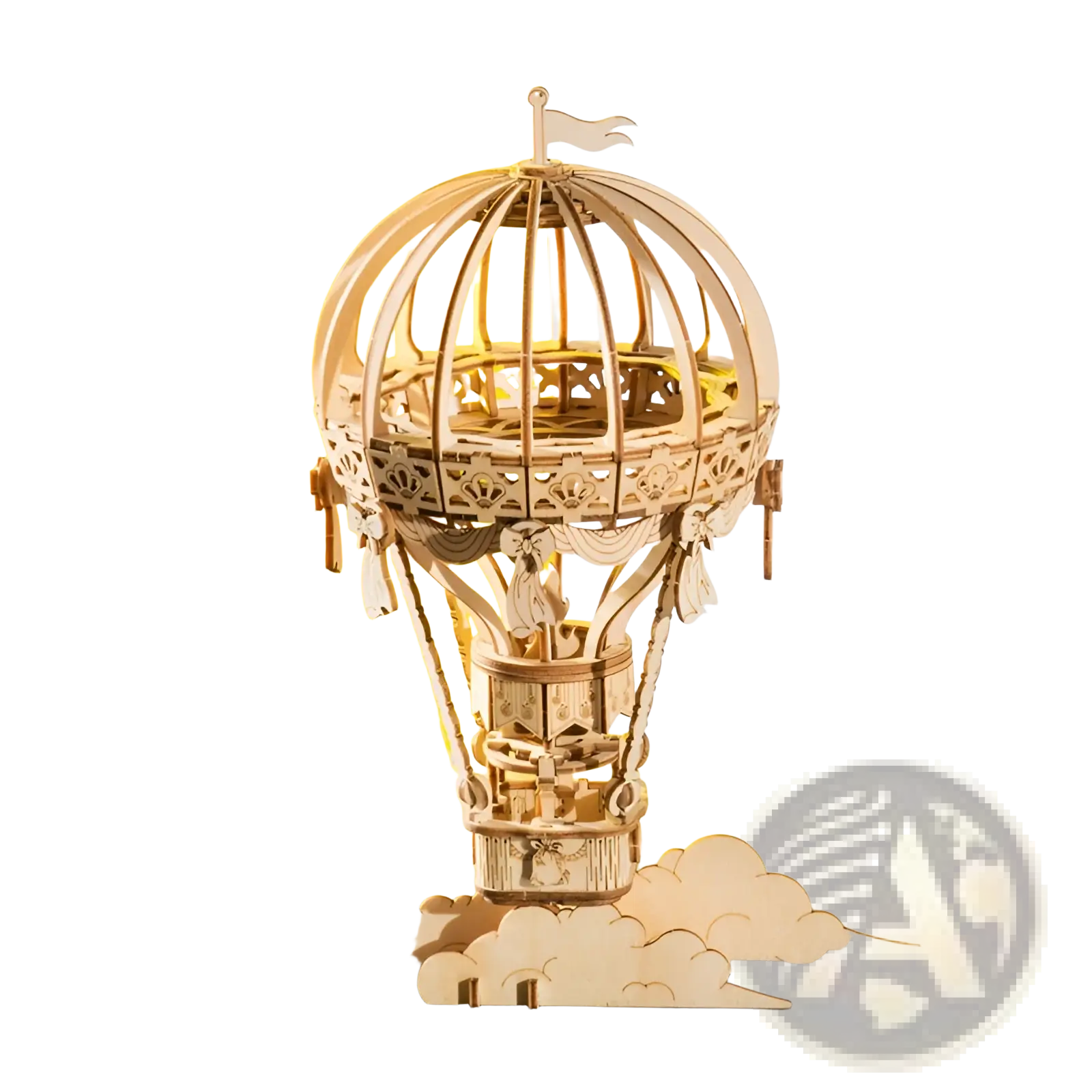 A delicately crafted wooden 3d puzzle diy mechanical model of a hot air balloon with intricate cut-out patterns and figure