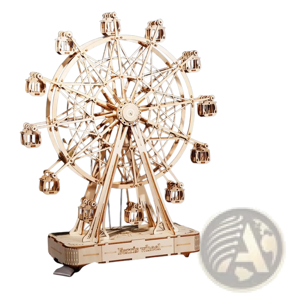 A 3d wooden puzzle ferris wheel and owl clock model with intricate laser-cut pieces in a natural light brown finish