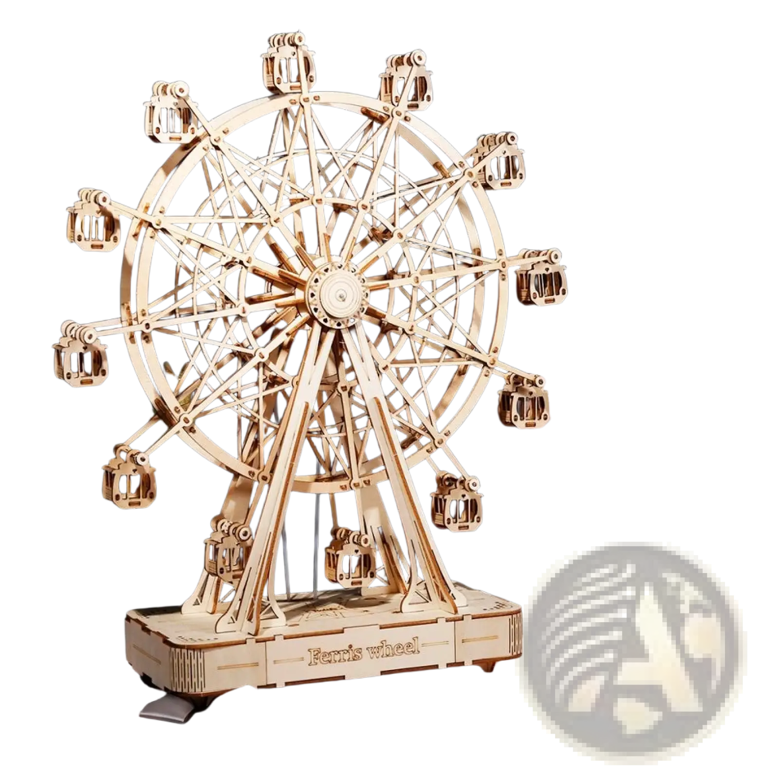 A 3d wooden puzzle ferris wheel and owl clock model with intricate laser-cut pieces in a natural light brown finish