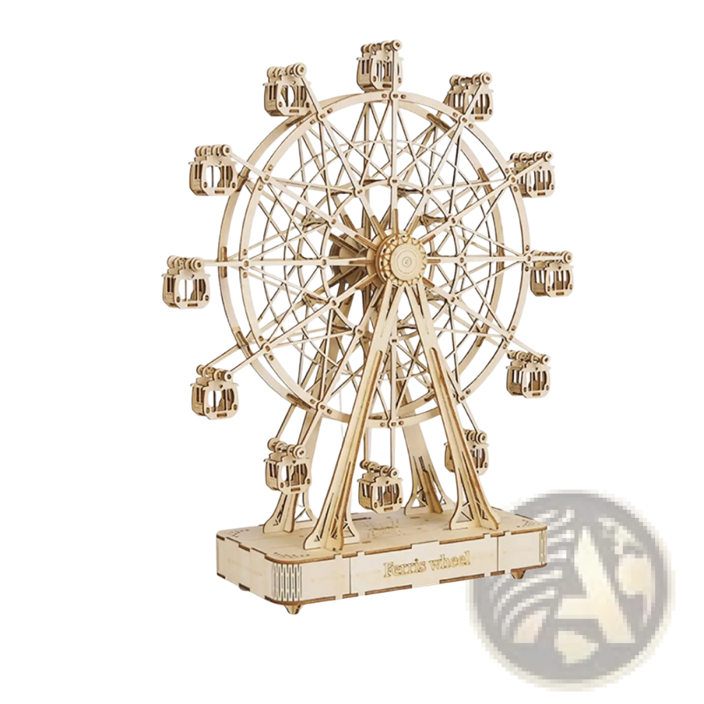 A detailed wooden 3d puzzle ferris wheel model with intricate cut-out sections and small passenger cabins