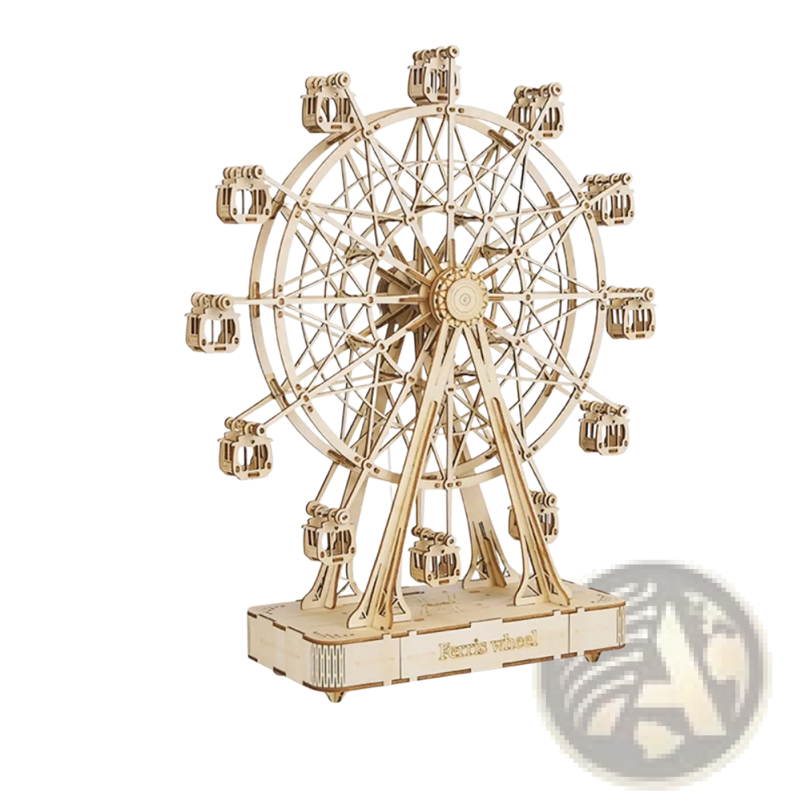 A detailed wooden 3d puzzle ferris wheel model with intricate cut-out sections and small passenger cabins