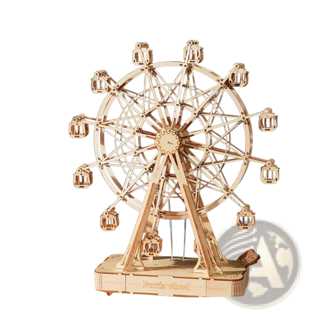 A delicately crafted 3d wooden puzzle ferris wheel with intricate laser-cut details and a natural light wood finish