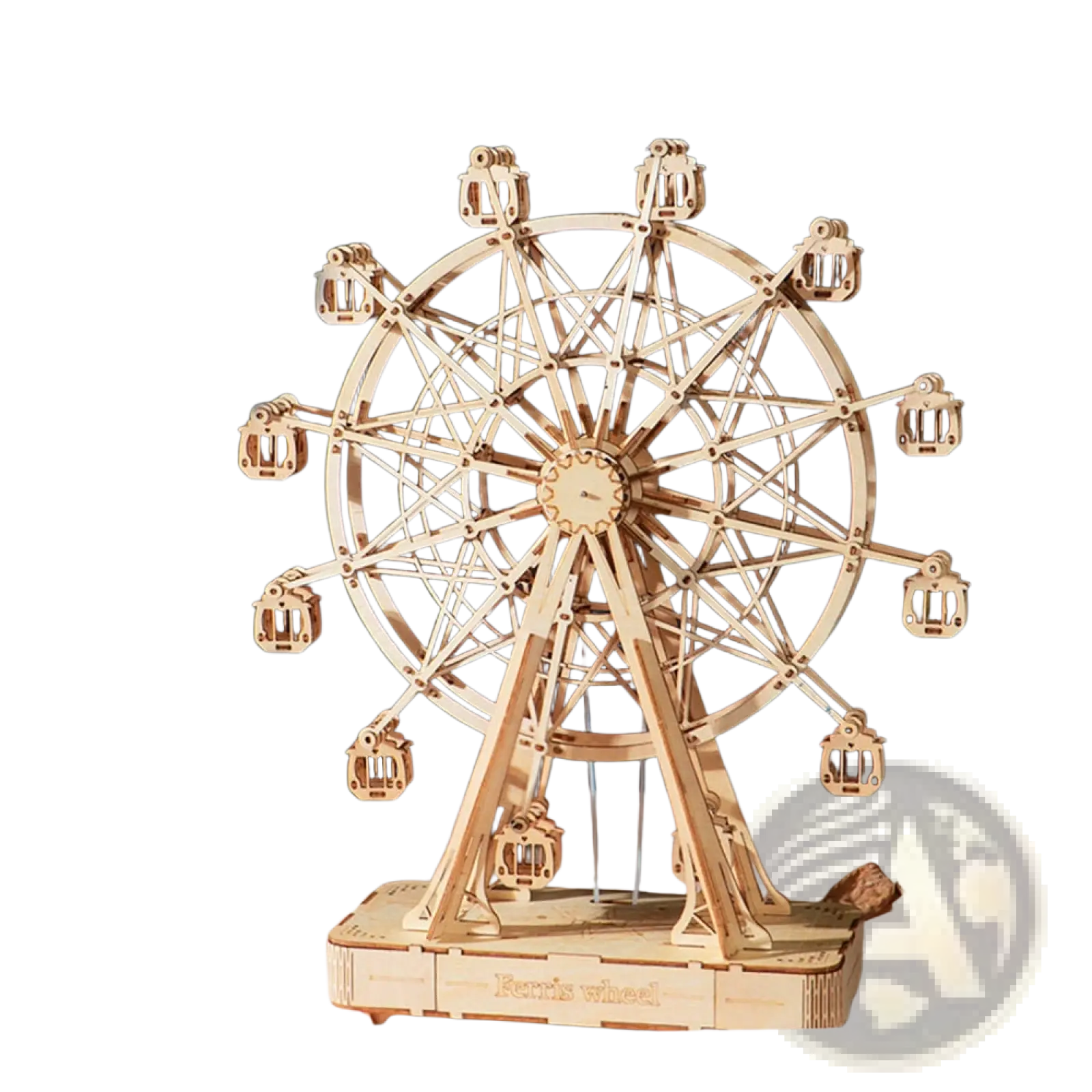 A delicately crafted 3d wooden puzzle ferris wheel with intricate laser-cut details and a natural light wood finish