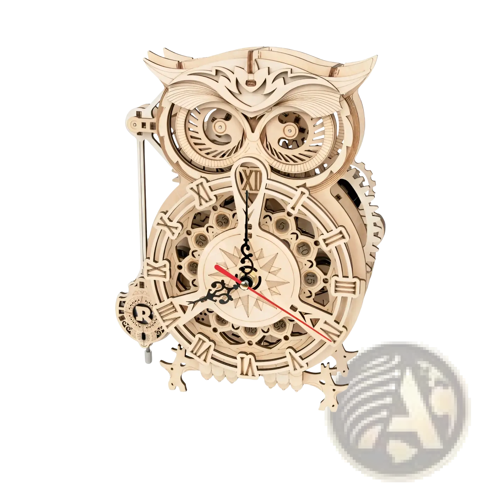 3d wooden puzzle ferris wheel and owl clock model with intricately designed natural light wood owl clock and exposed gears