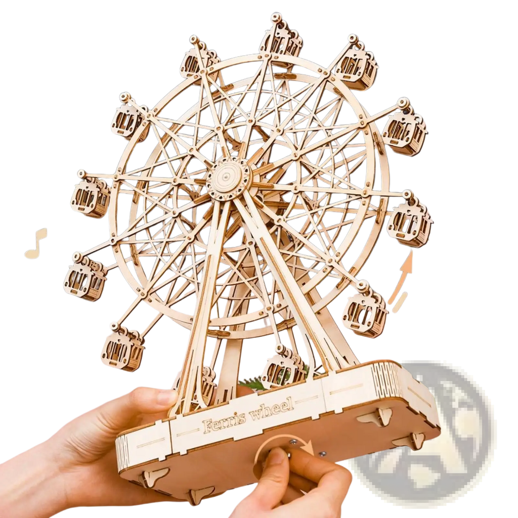 A detailed wooden 3d puzzle ferris wheel model with intricate cut-out designs and small passenger cabins assembled