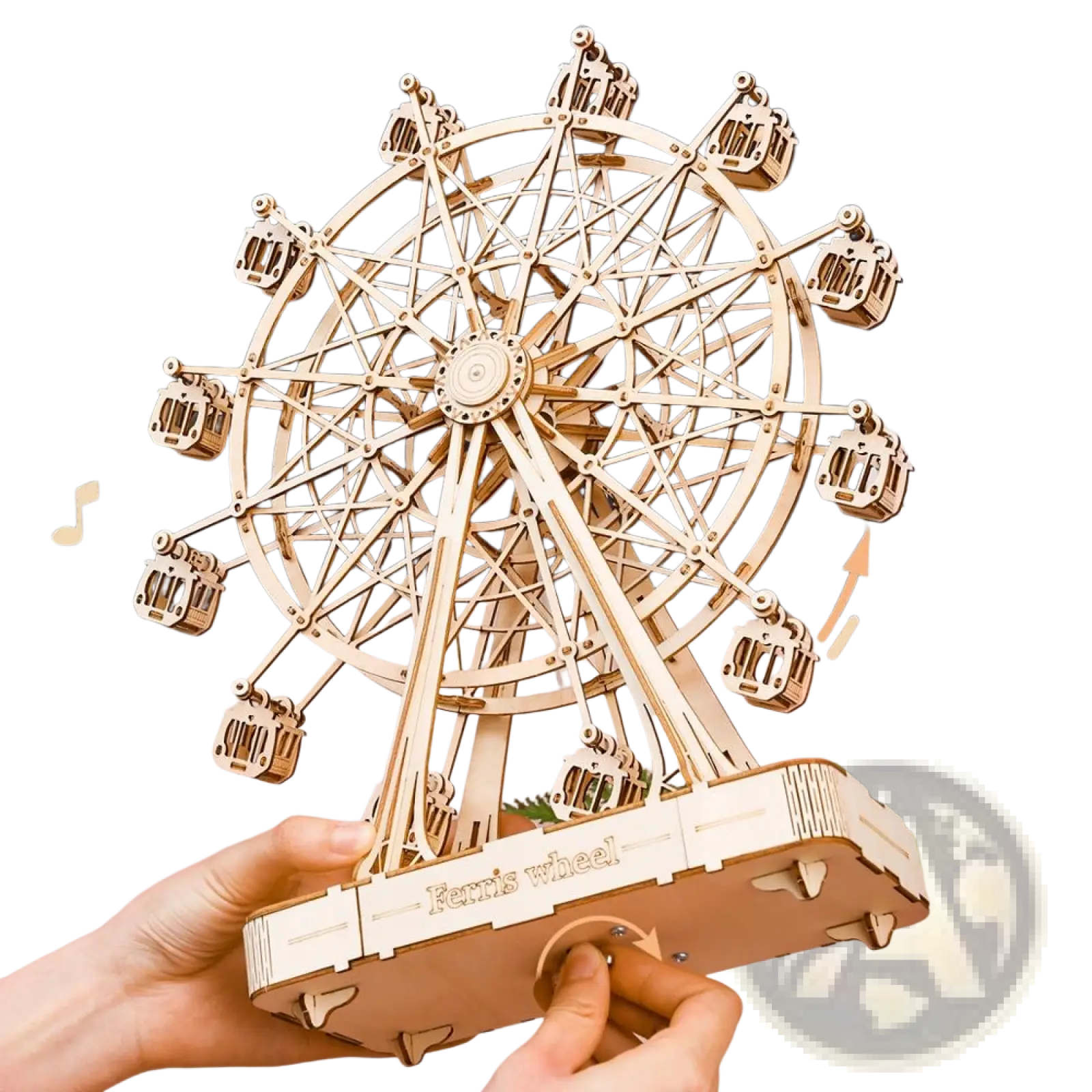 A detailed wooden 3d puzzle ferris wheel model with intricate cut-out designs and small passenger cabins assembled