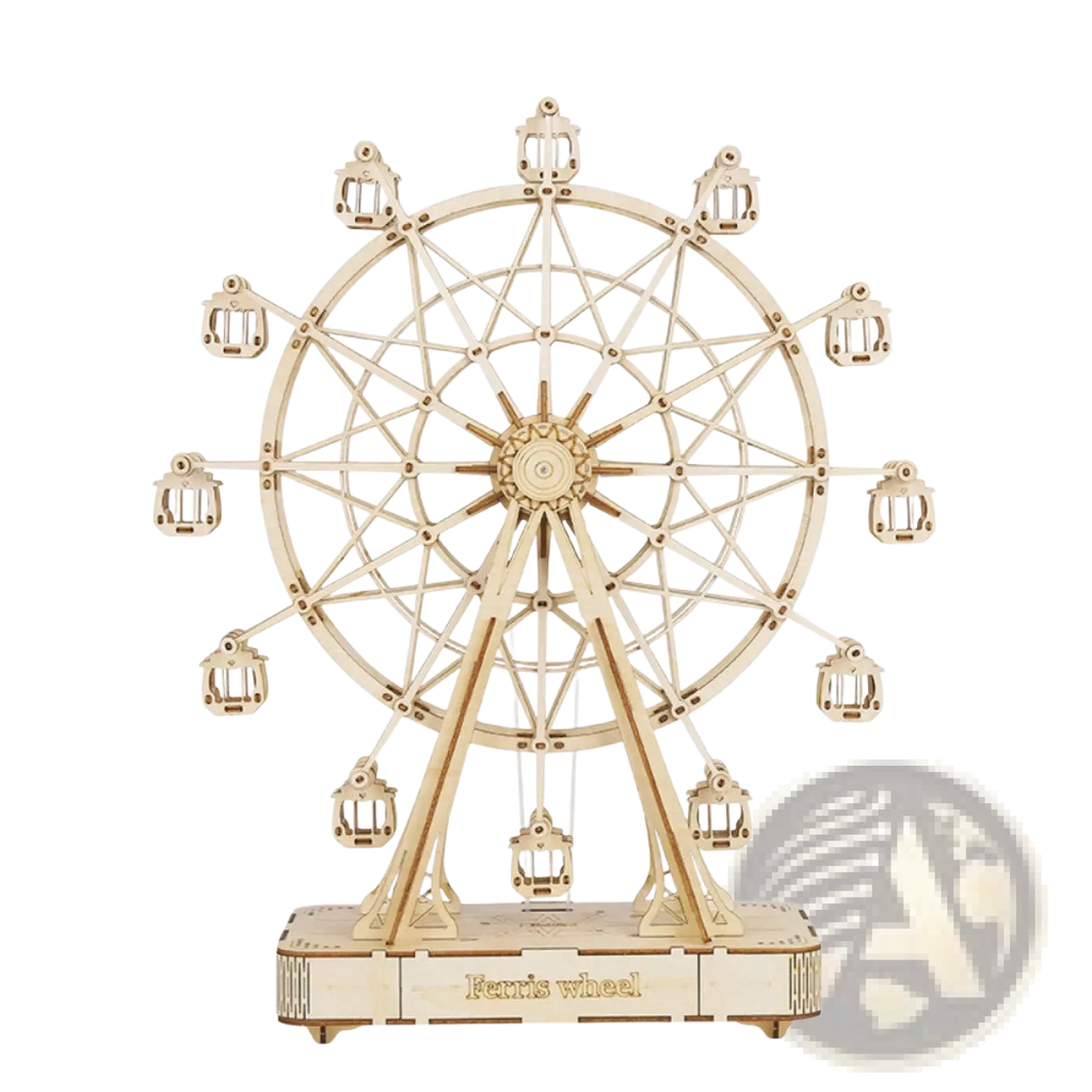 A light-colored wooden 3d puzzle ferris wheel model with intricate laser-cut details and small passenger cabins