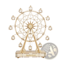 A light-colored wooden 3d puzzle ferris wheel model with intricate laser-cut details and small passenger cabins