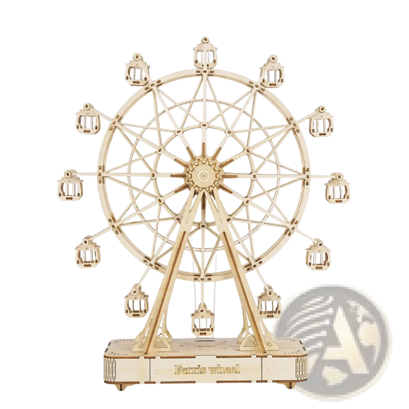 A light-colored wooden 3d puzzle ferris wheel model with intricate laser-cut details and small passenger cabins